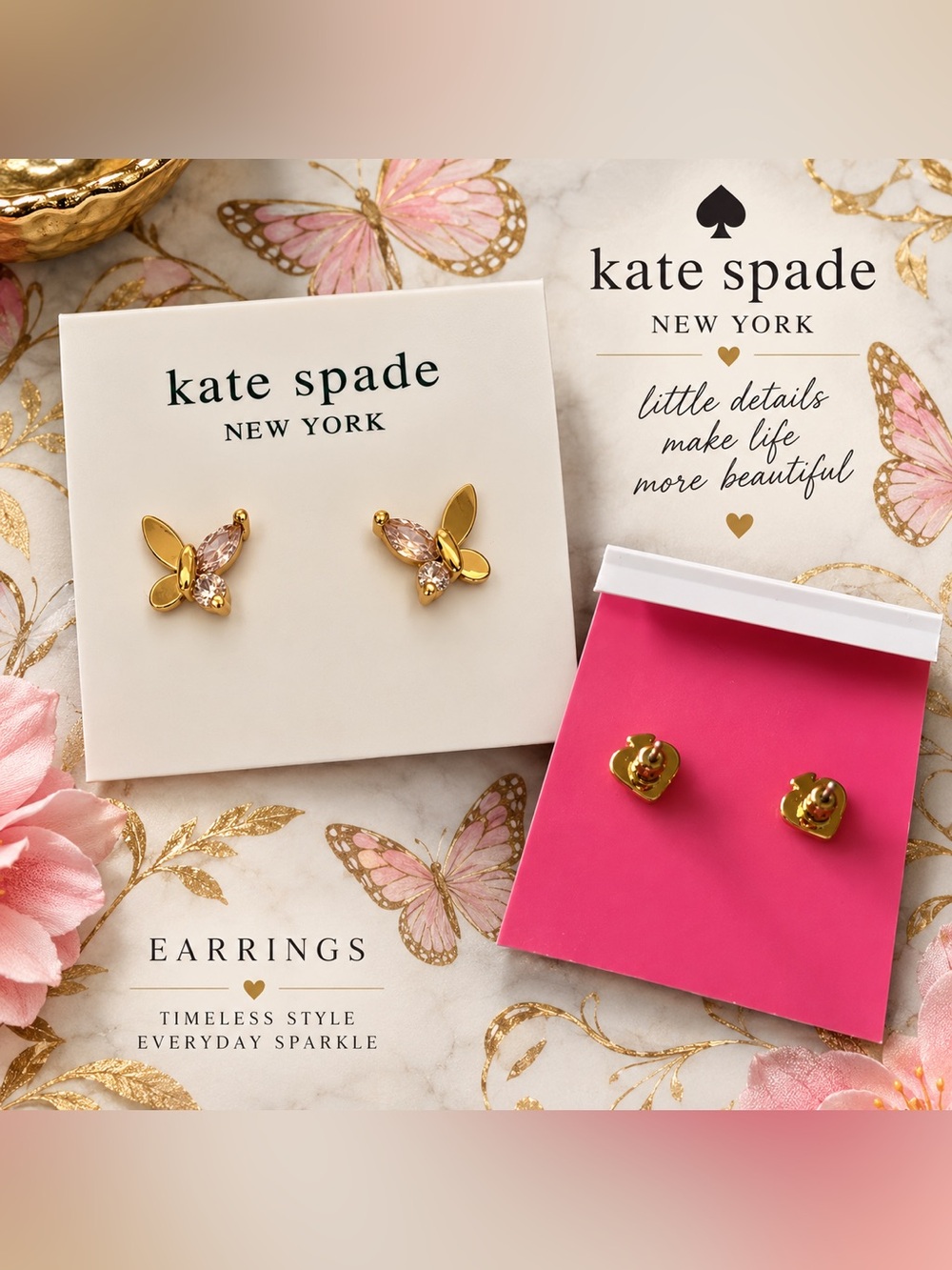 kate spade Gold-Tone Pink Crystal Butterfly Studs